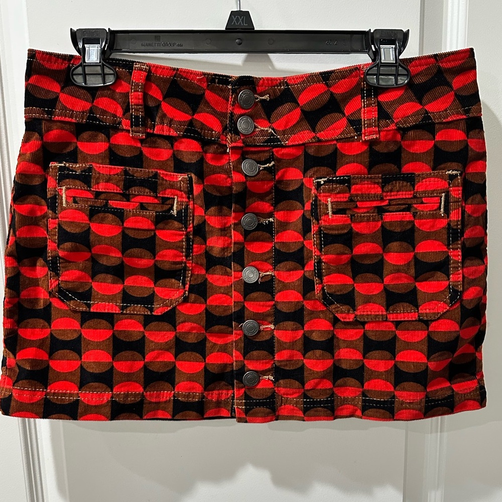 FREE PEOPLE WE THE FREE JOANIE CORDUROY MINI SKIRT - Geometric Red and Black - Picture 2 of 8